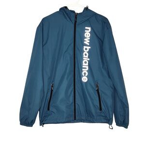 New Balance Teal Blue Hooded Windbreaker Jacket Reflective Logo Medium Spellout
